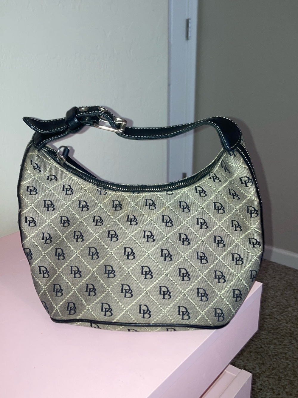 Dooney & Bourke Gray and Black Monogram Crescent Shoulder Bag